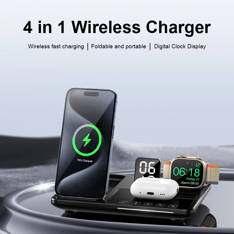 

New 4 In1 Wireless Charger Adapter R11S Desktop Power Adapter for iPhone 16 15 14 13 Watch Earphone Multifunctional Clock Light