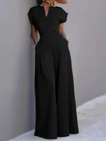 UOOZEE Women's Jumpsuits 2025 V-Neck Cap Sleeves High Waisted Wide Leg Solid Color Loose Elegant Office Commute Formal Overalls - Image 2