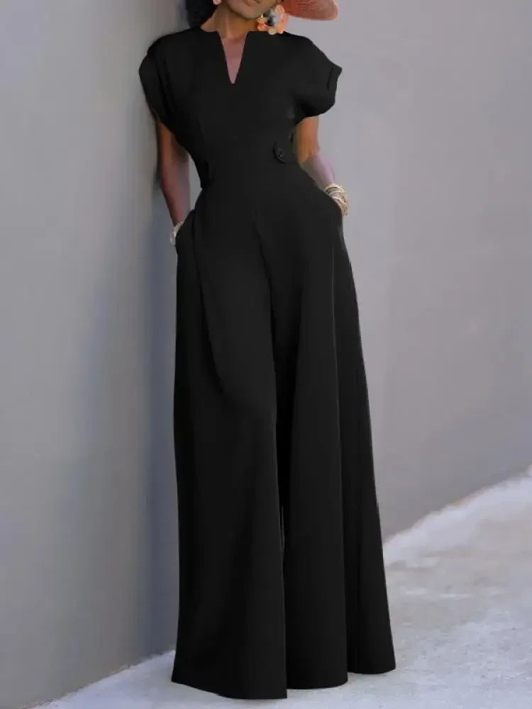 UOOZEE Women's Jumpsuits 2025 V-Neck Cap Sleeves High Waisted Wide Leg Solid Color Loose Elegant Office Commute Formal Overalls