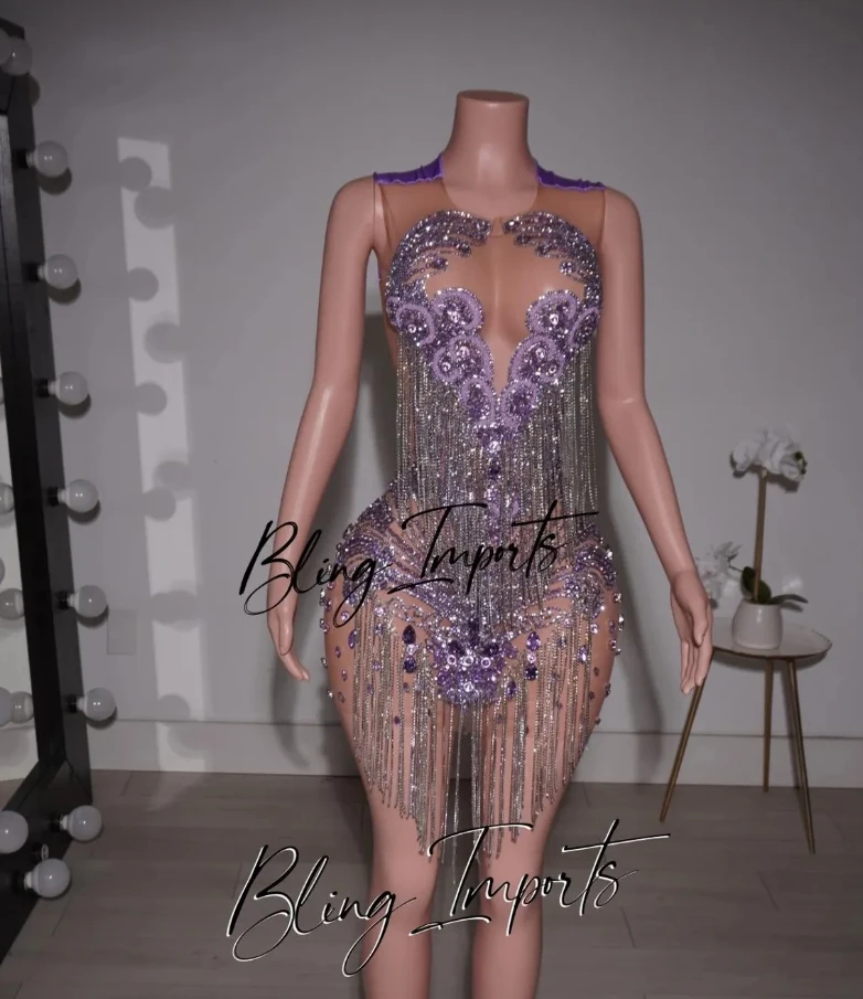 Sexy Diamante Fringe Cocktail Dress 2025 For Black Girls Glitter Beaded Applique Birthday Ball Evening Formal Occasion