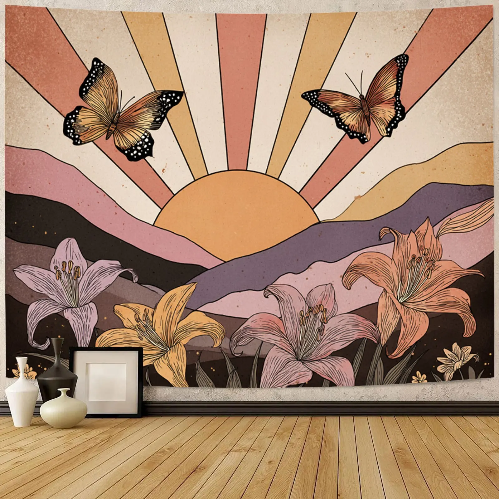 Vintage Sunset Tapestry, Retro Butterfly Lily Flower Wall Hanging for Bedroom Living Room Decor, Boho Art Gift