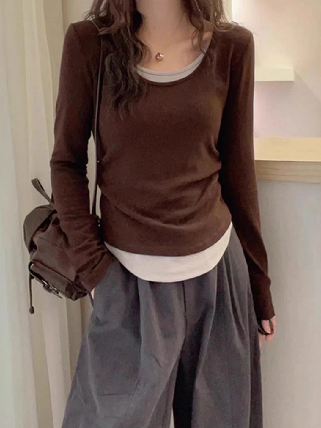 

Slim Fit Long Sve T-irt Women's Autumn Folded Splice Base irt Top Casual Sle Soft Fabric round Neline Breathable