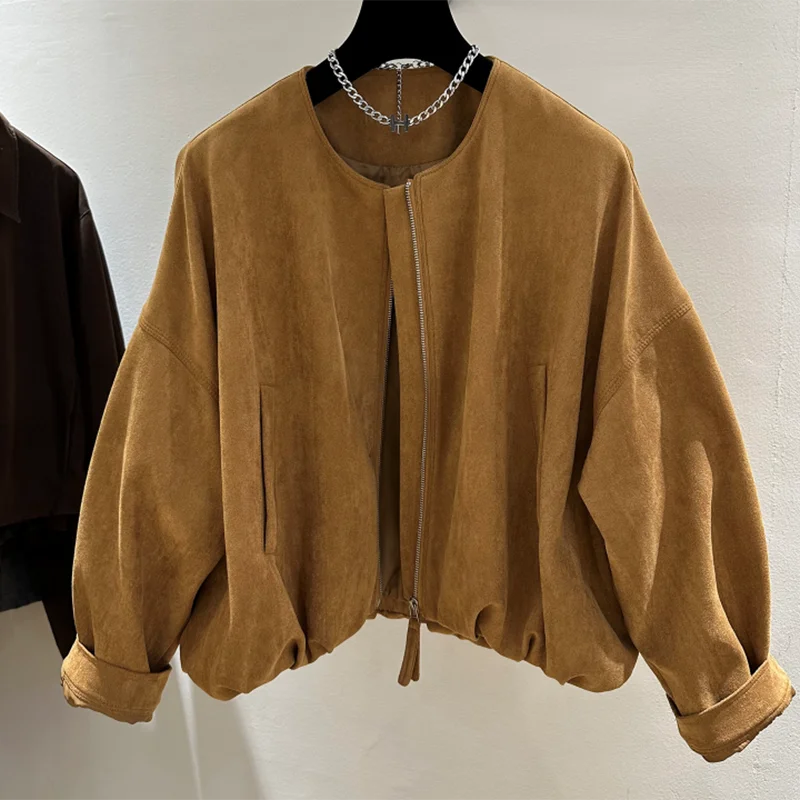 Outono vintage jaqueta com zíper feminino manga longa o pescoço streetwear casacos soltos sólido simples casual retro preppy feminino novo outwear