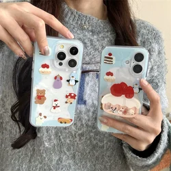 Kawaii Cartoon Bear Phone Case For iPhone 16 Pro 15 14 13 Pro Max Cover with Cute Stand Silicone Shockproof Cases For 15 ProMax