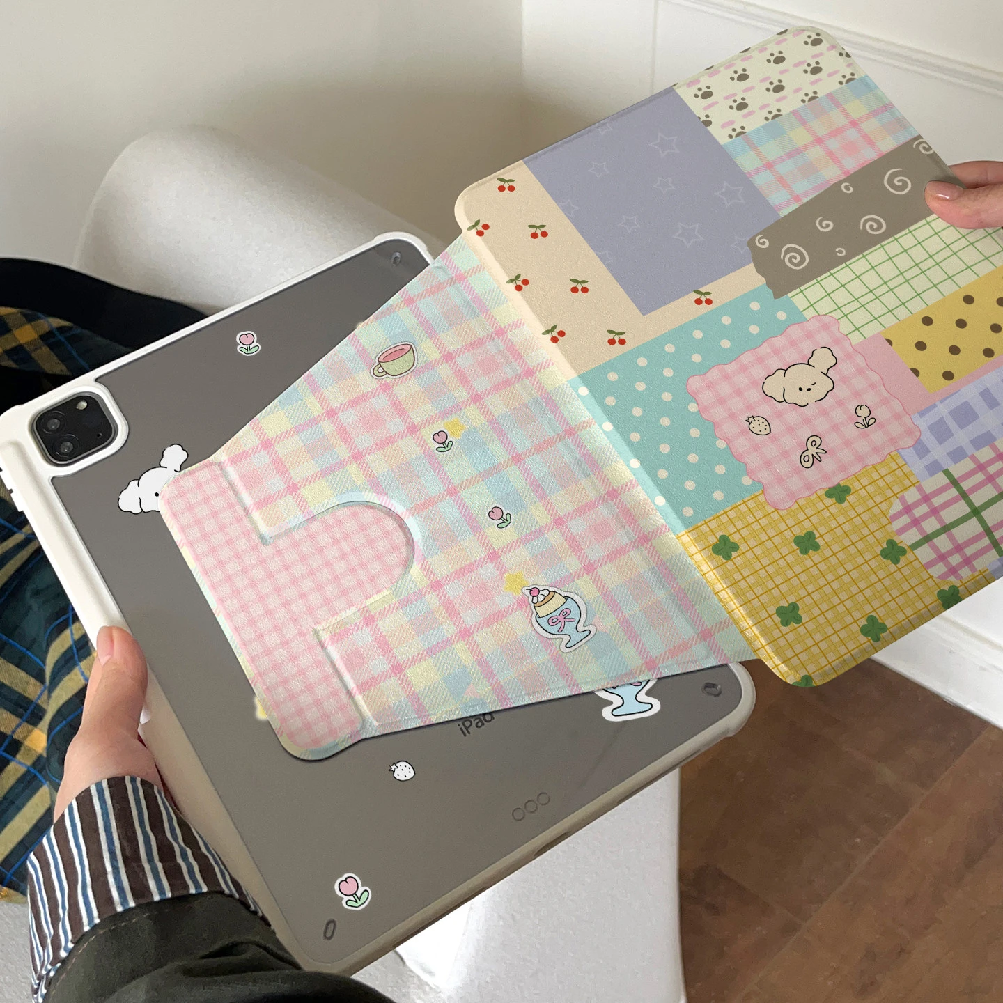 Cute Dog Pink Grid Tablet Case For iPad Pro 11 12.9 13 A16 M2 M4 M3 M5 Shell 8.3 9.7 10.2 5/6/7/8/9/10/11th Air 3 4 5 6 7 Cover