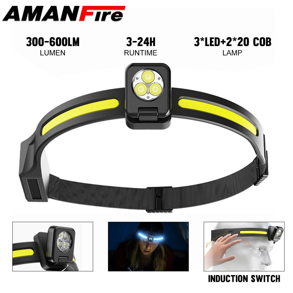 

Amanfire XY200 600LM Headlight Manual Sensing Headlamp Battery with protective plate Induction Type-C USB charging LED Light