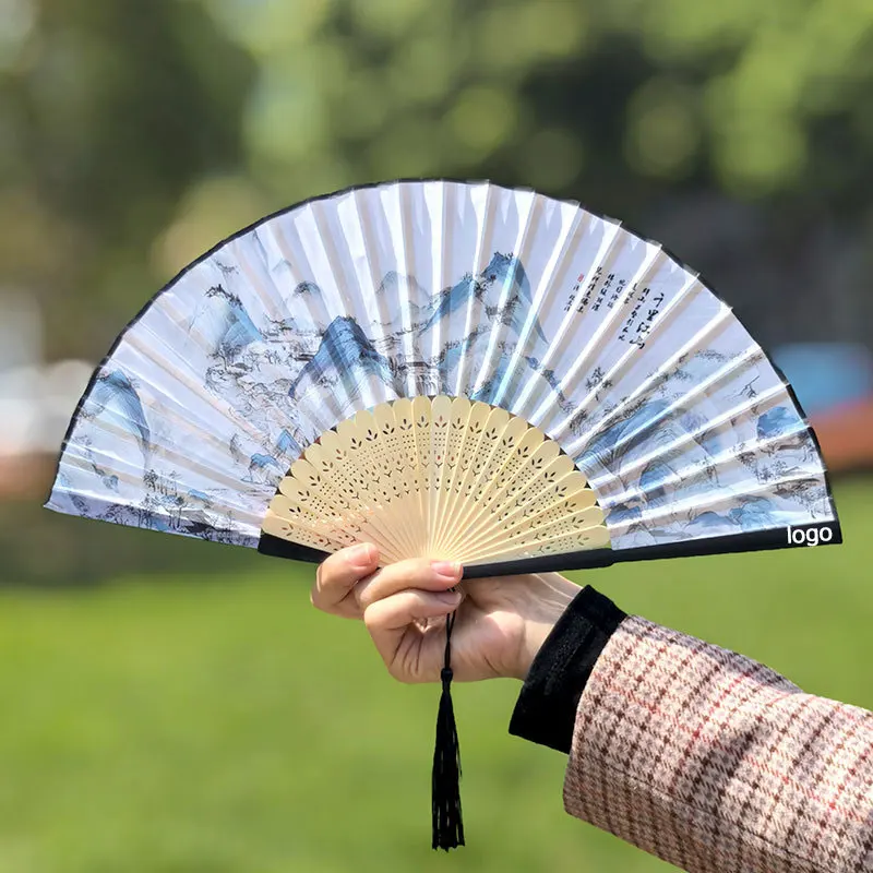 Personalized Custom Logo Text, Laser-Engraved Names and Dates, Ink Landscape Painting Folding Fan, New Chinese Style, Ancient Style, Hanfu Dance Prop, Portable Bamboo Folding Fan