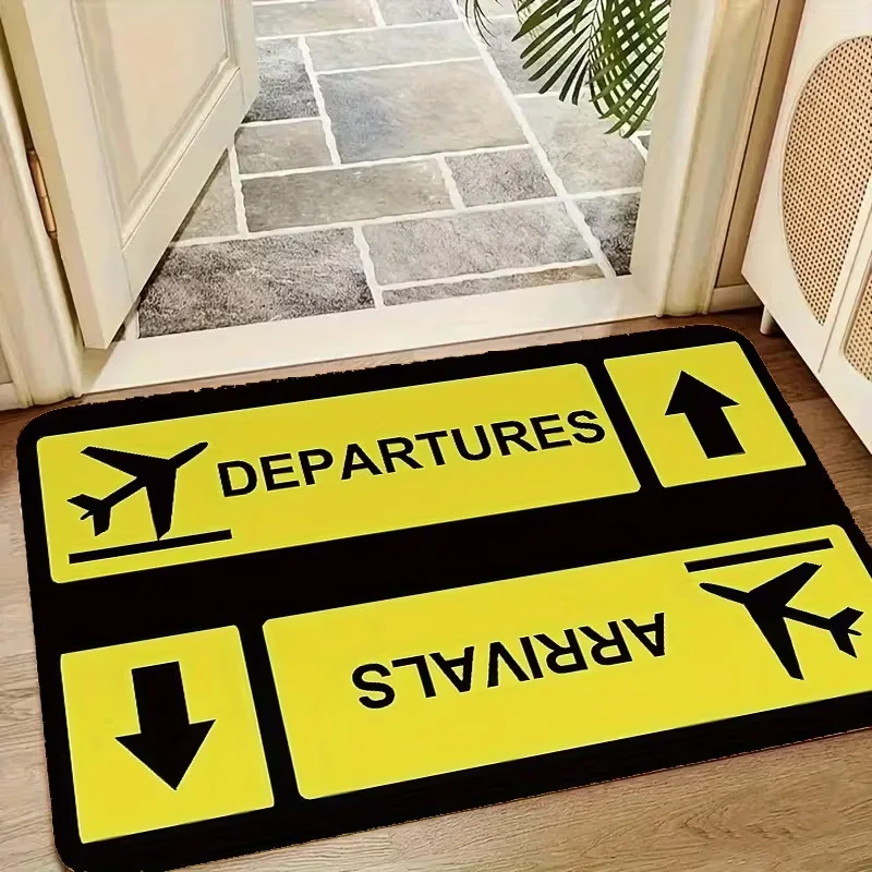 Arrivals Departures Airplane Arrow Pattern Non Slip Floor Mat for Home Front Entrance Indoor Aviation Themed Household Decor