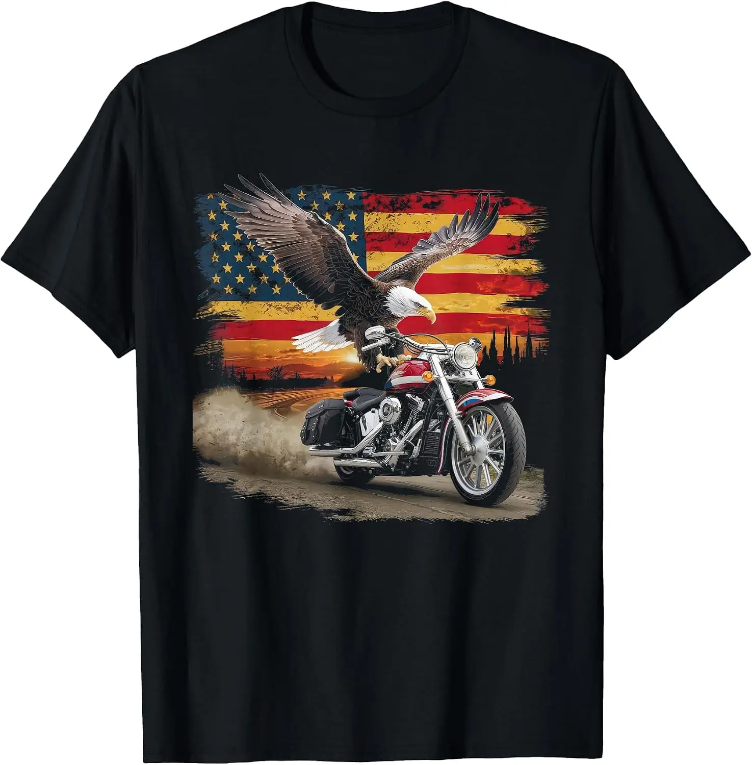 American Motorcycle Tshirt USA Flag Biker Retro T-Shirt Men Casual Graphic Print T‑Shirt Crew Neck Short Sleeve Vintage Street Style Soft Fabric Daily Wear Tops.holiday festive,party wear,theme print tee.