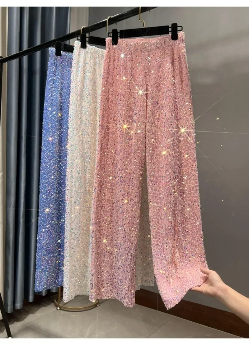 Korean Fashion Pants Women Elastic Waist Sequins Wide Leg Y2k Trousers Shiny Loose Slim Full Length High Street Casual Straight