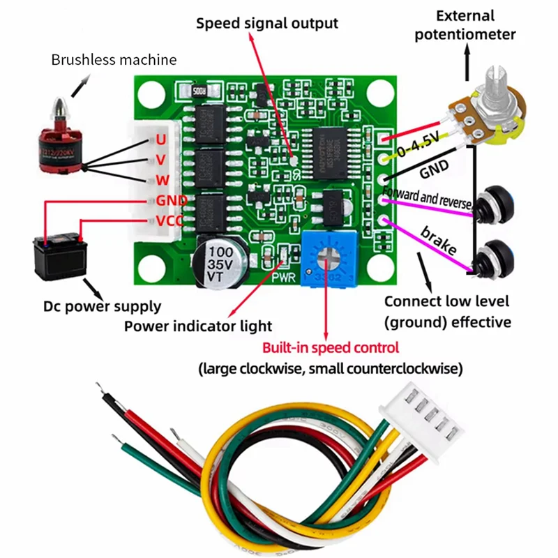 Carte de pilote de moteur sans balais ABSQ-3X DC6-20V 60W 12V, contrôleur de vitesse BLDC, régulateur triphasé, Module de commutation sans hall avec câble