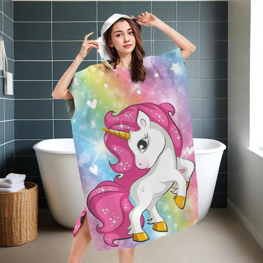 Hooded Bathrobe Unicorn Print Microfiber Quick Dry Absorbent Beach Robe Changing Robe Swim Cover Up for Kids Adults Swimming