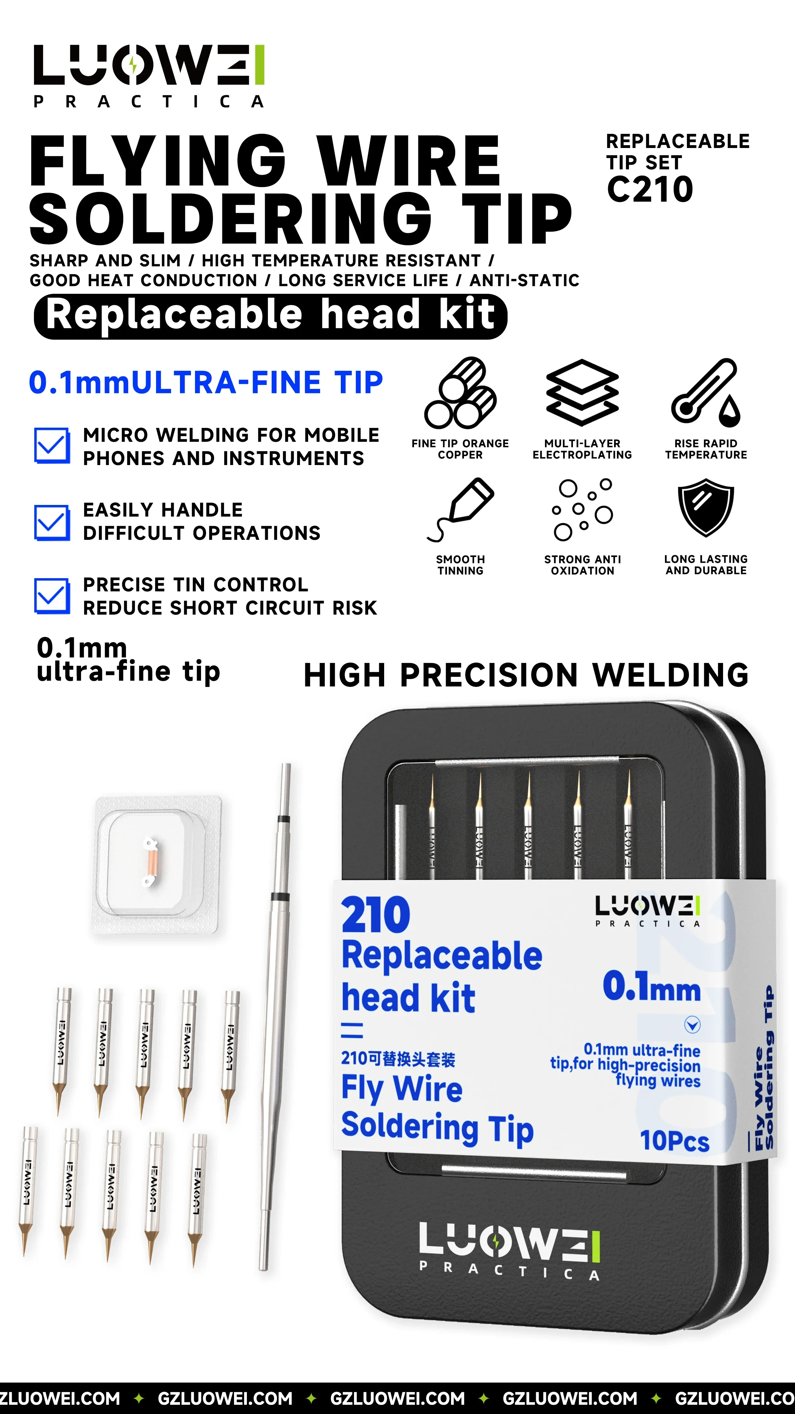 LUOWEI LW-210 Soldering Iron Tip Set 0.1mm Interchangeable Head Set Flying Wire Soldering Tip for Phone Motherboard Repair Tool