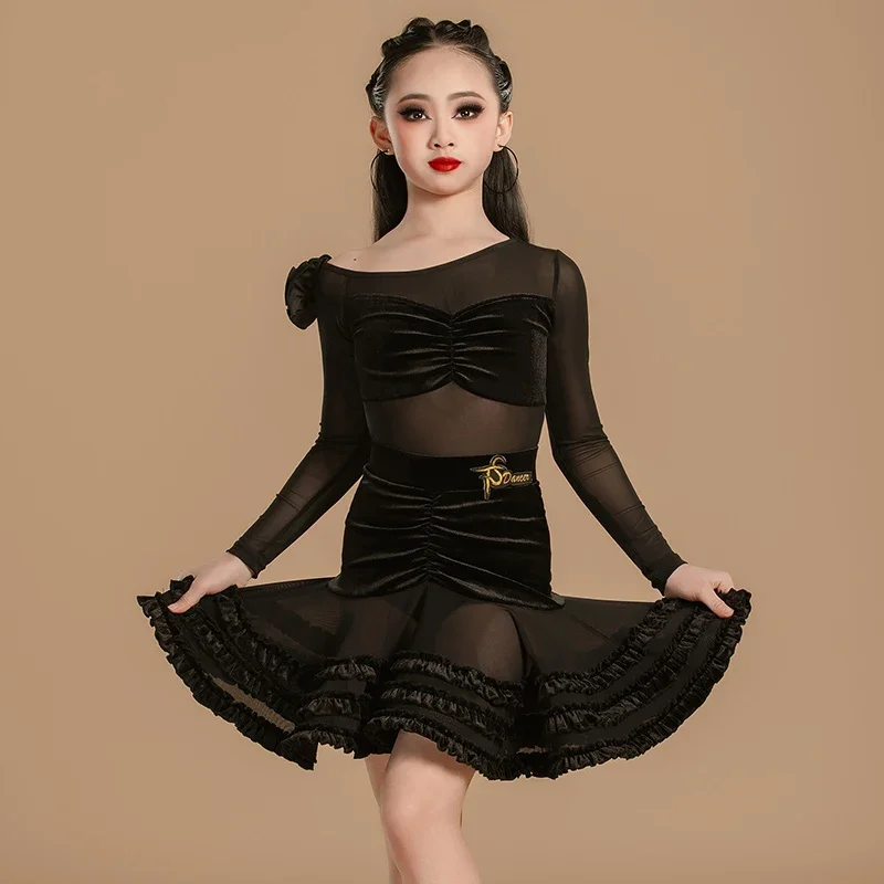 Latin Dance Kleidung Mädchen Schwarz Wettbewerb Kleid Kinder Lange Ärmel Cha Cha Dance Performance Tragen Praxis Kleid Sets