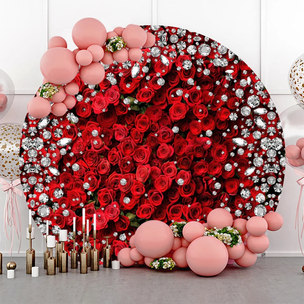 Valentine\'s Day Round Backdrop Cover Red Rose Flower Love Heart Floral Kids Adult Birthday Wedding Party Decor Background Studio