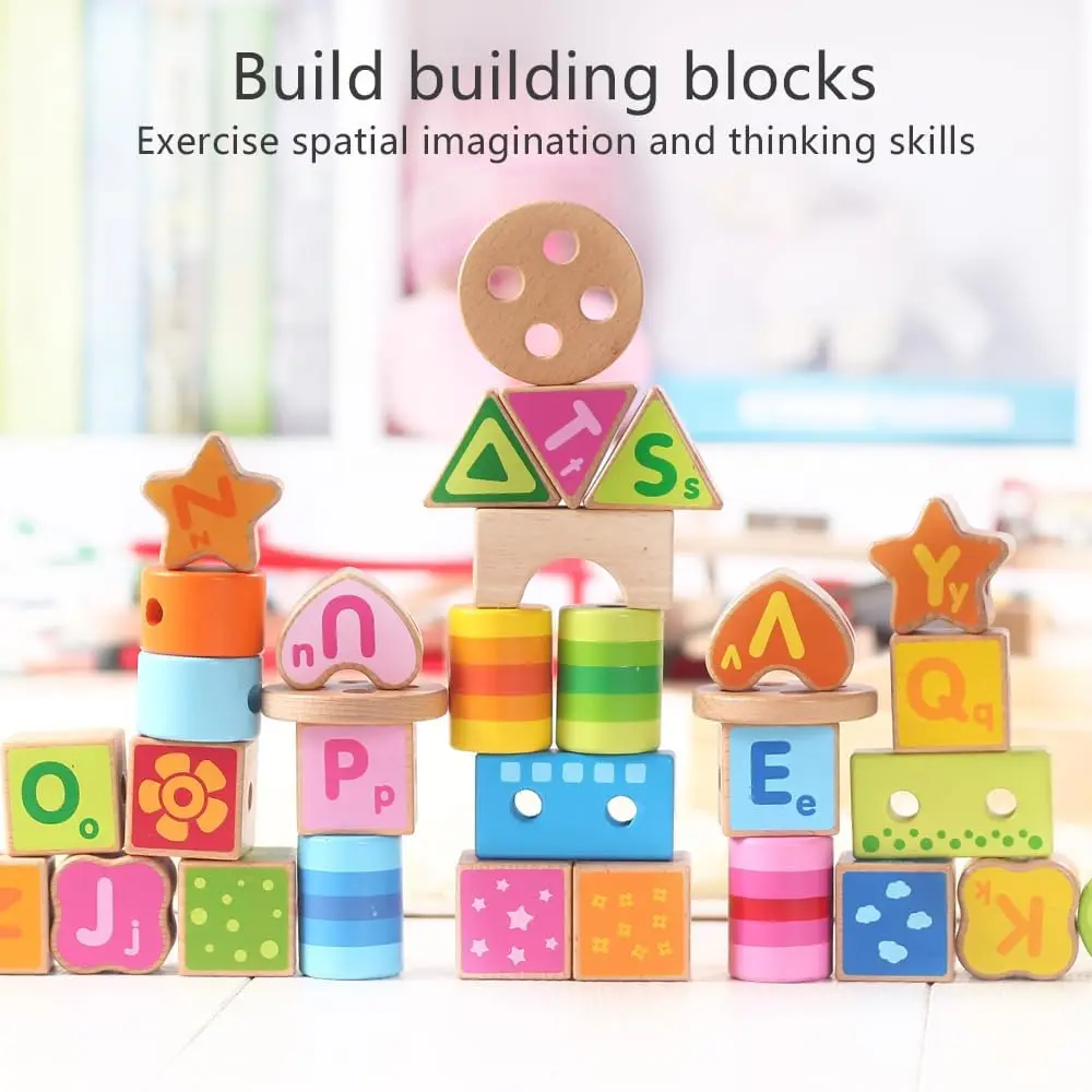 Blocs de construction à filetage de chiffres et de lettres, 33 pièces, avec boîte de rangement en bois, entraînement de la motricité fine pour 3 à 6 ans