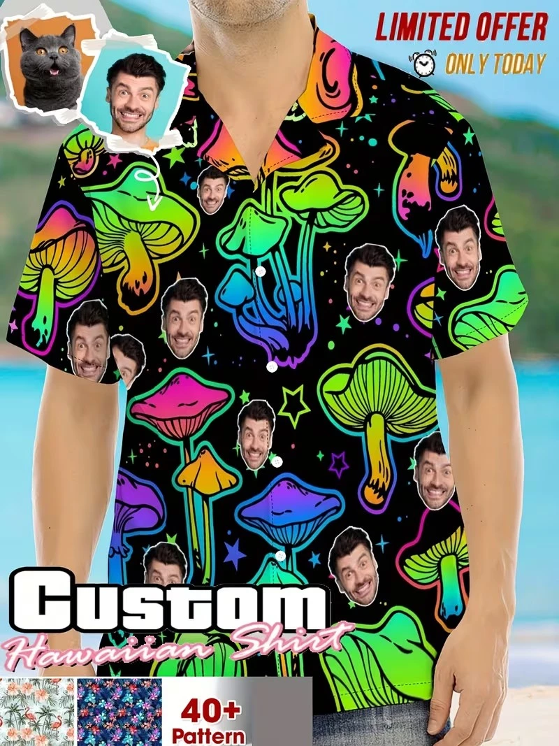 

Artistic Psychedelic Custom Face Hawaiian Shirt Neon Mushroom Print Personalized Photo Men Women Harajuku Daily Aloha Shirts