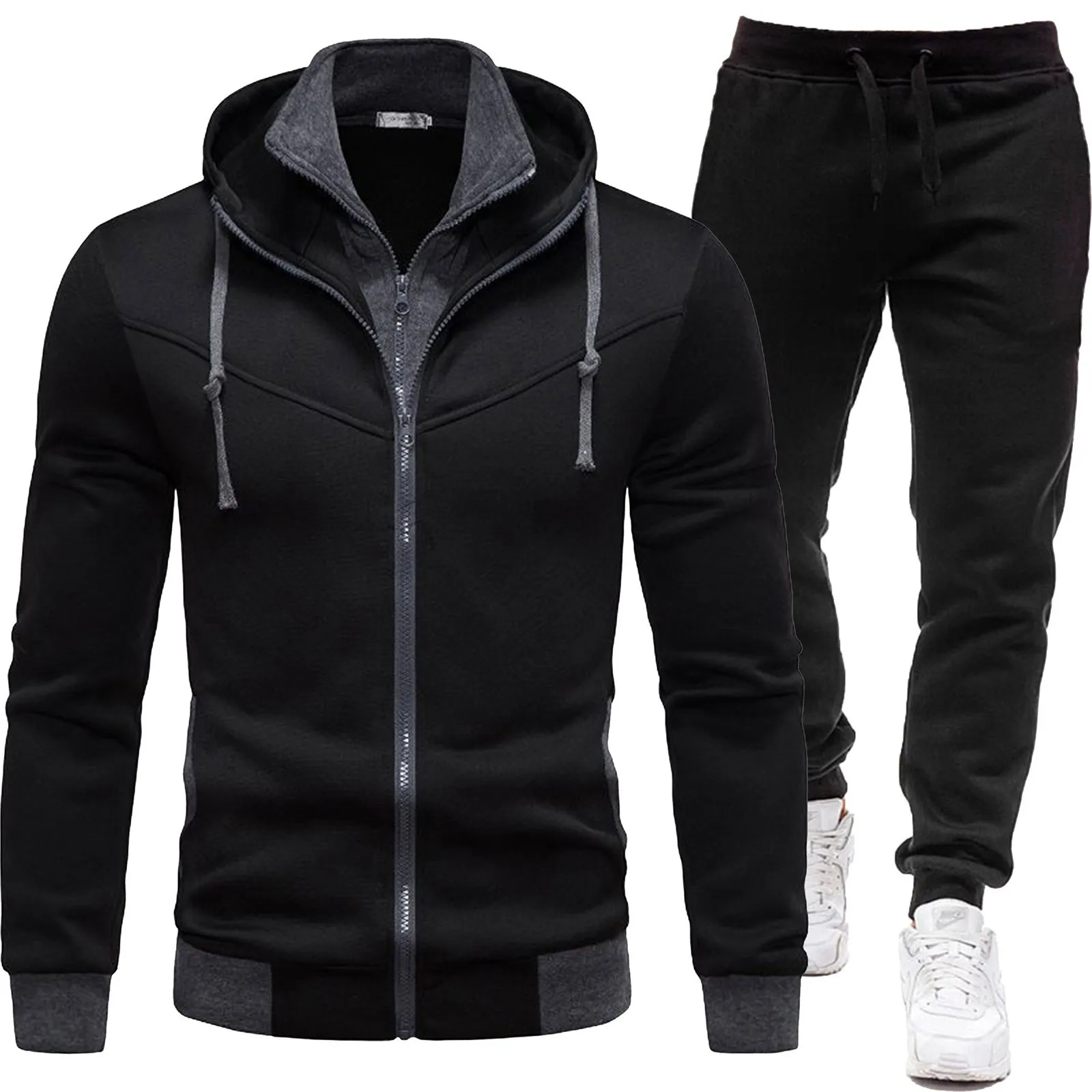 2024 Men\'s Casual Hoodies Tracksuit Set Long Sleeve Full Zip Hoodies And Sweatpants Set Running Jogging Fake Two Piece Hoodies