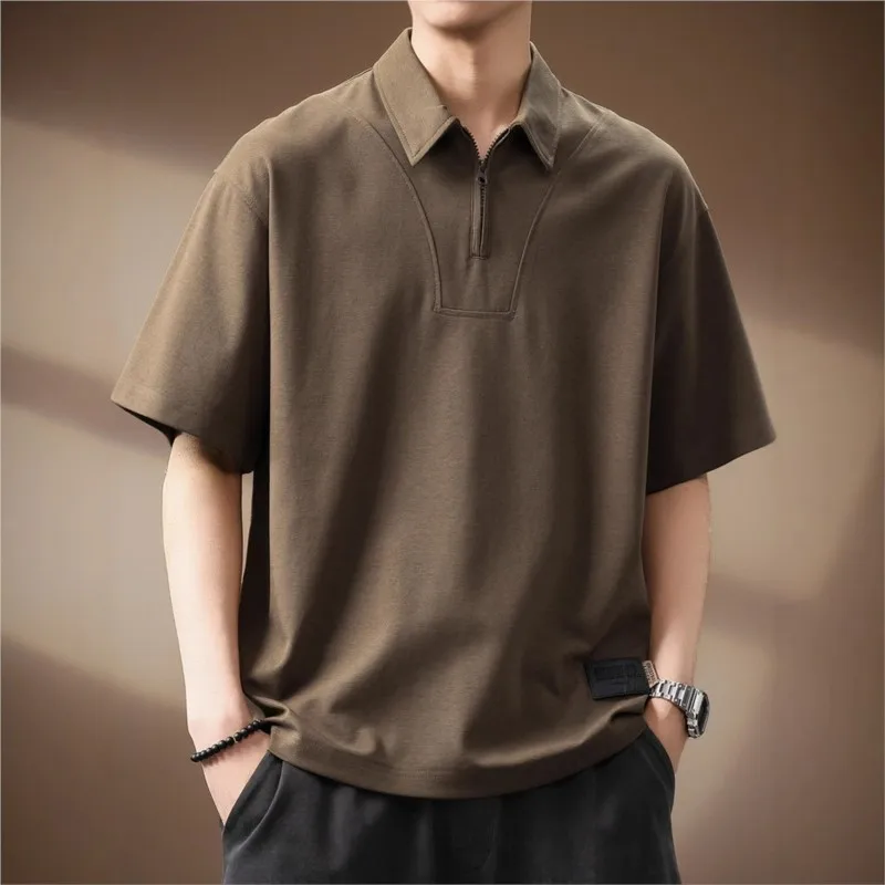 

BOWEYLUN Summer New Lycra Half-zipper Polo Shirt Men's Casual Solid Color Short-sleeved Tops T-shirt for Male