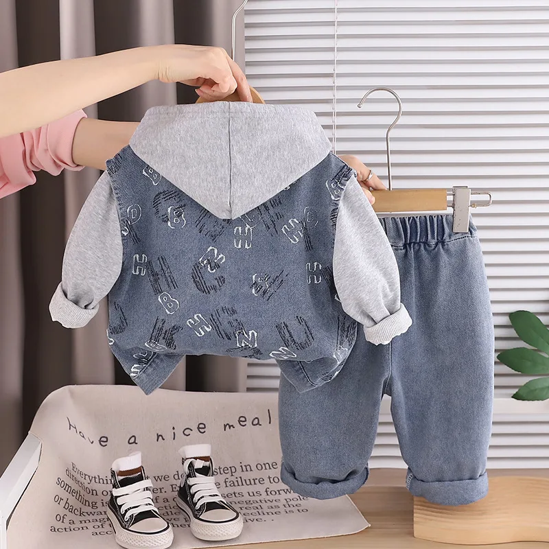 Christmas Outfits Spring Autumn Baby Boy Clothes 9 To 12 Month Fashion Denim Vest + Hooded Hoodies + Pants Childrens Clothing