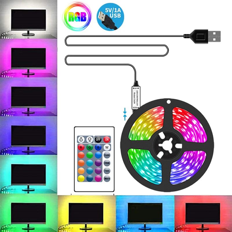 

Светодиодная лента Rgb Usb 5V Светодиодная лента Smart Remote Control 24Key Rgb Светодиодная лента 5050 Рождественские огни Подсветка телевизора