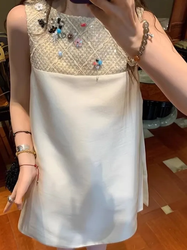 French Retro Sequins Female Round Neck Sleeveless Short Dress Concise Solid Color Ladies Fashion Diamonds A Line Dresses