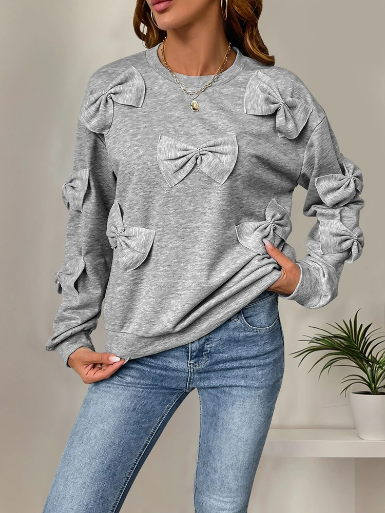 

Bowknot Decor Long Sleeve Pullover Round Neck Sweatshirt Top Spring Casual Sporty Wear