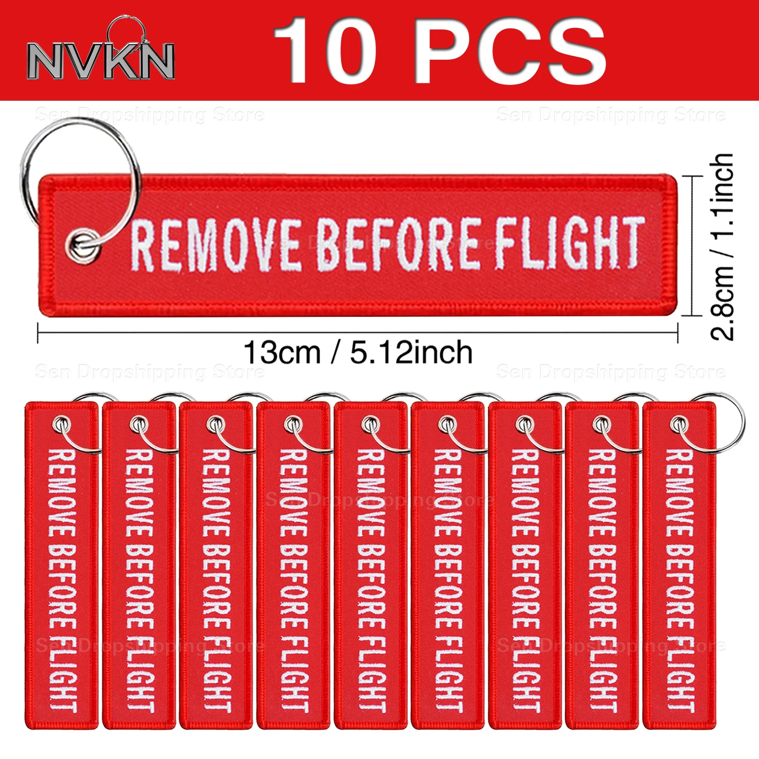 

10Pcs Embroidered red fabric keychain with white text “Remove Before Flight” – aviation tag for car keys & luggage key ring