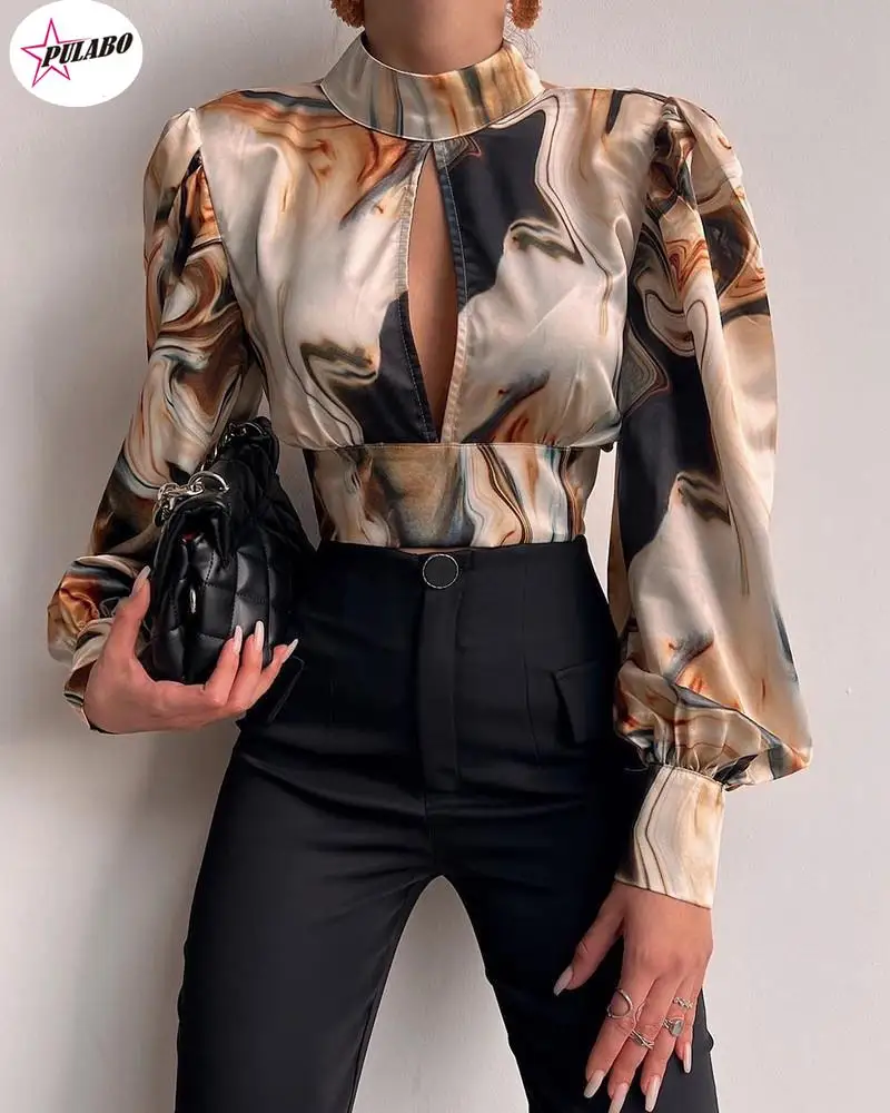 PULABO Women Sexy Backless Hollow Print Shirts Fashion Party Crop Top Spring Casual Stand Long Sleeve Office Lady Blouses Top