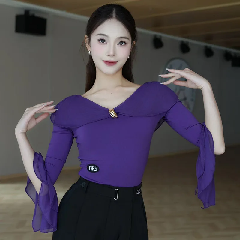 เสื้อเต้นลาตินสีดำ 3 สี สำหรับผู้หญิง ชุดฝึกซ้อมแทงโก้ บัลเลต์ คอวี แขนบาน ชุดรัดรูปสำหรับเต้นรำ ชุดฝึกซ้อมสำหรับผู้ใหญ่ รุ่น 2365