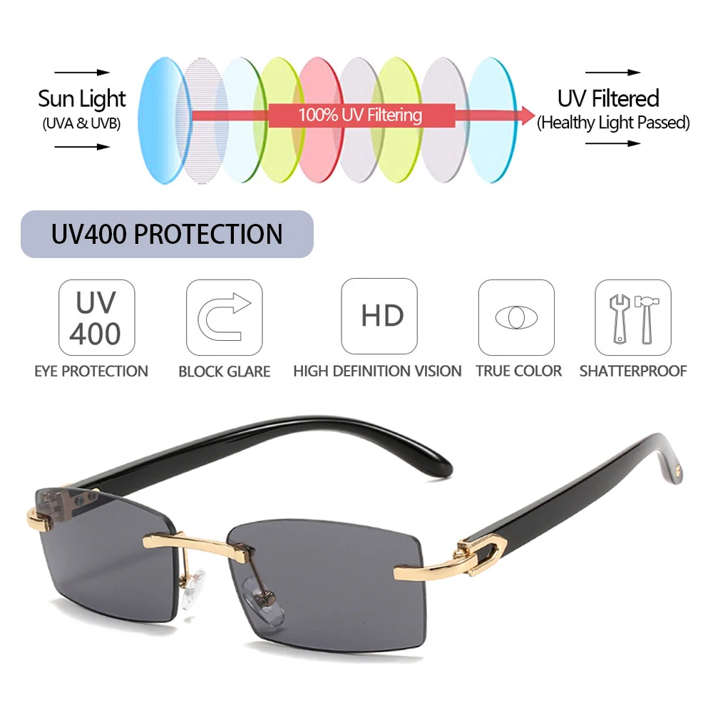 Trendy Rimless retângulo óculos, Gradiente Moda Shades, Punk condução óculos de sol, UV400