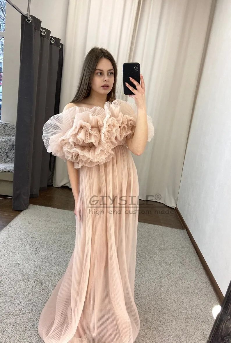 GIYSILE 맞춤형 한 어깨 Pleated Sheer 출산 이브닝 가운 노출 된 어깨 반팔 임신 사진 촬영 가운