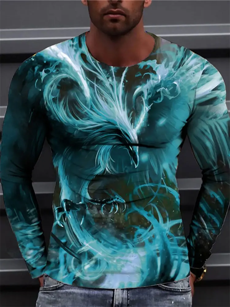 2026 New Men's Chinese Dragon Long Sleeve T-Shirt 3D Graphic Tee Grey Streetwear Casual Pullover Tops
