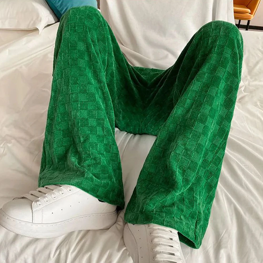 Mens Casual Street Straight Pants 2024 New Fashion Checkerboard Home Simple Comfortable Corduroy Floor-Length Trousers Unisex