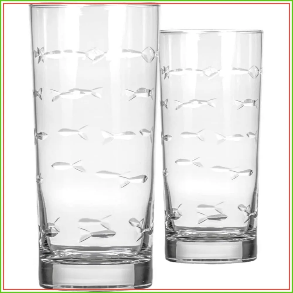 School of Fish Highball Glass Set of 2 15oz Engraved Lead-Free Heavy Base USA