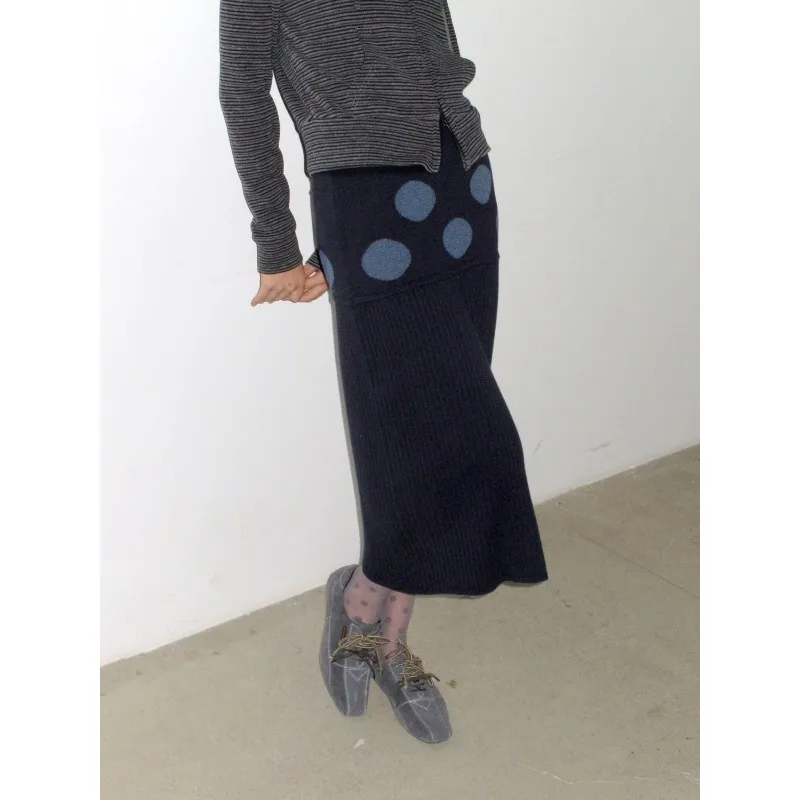 Korean Retro Dot Jacquard Knitted A-line Skirt Women 2026 Spring High Waist Sexy Slim Fit All-match Mid-length Skirt