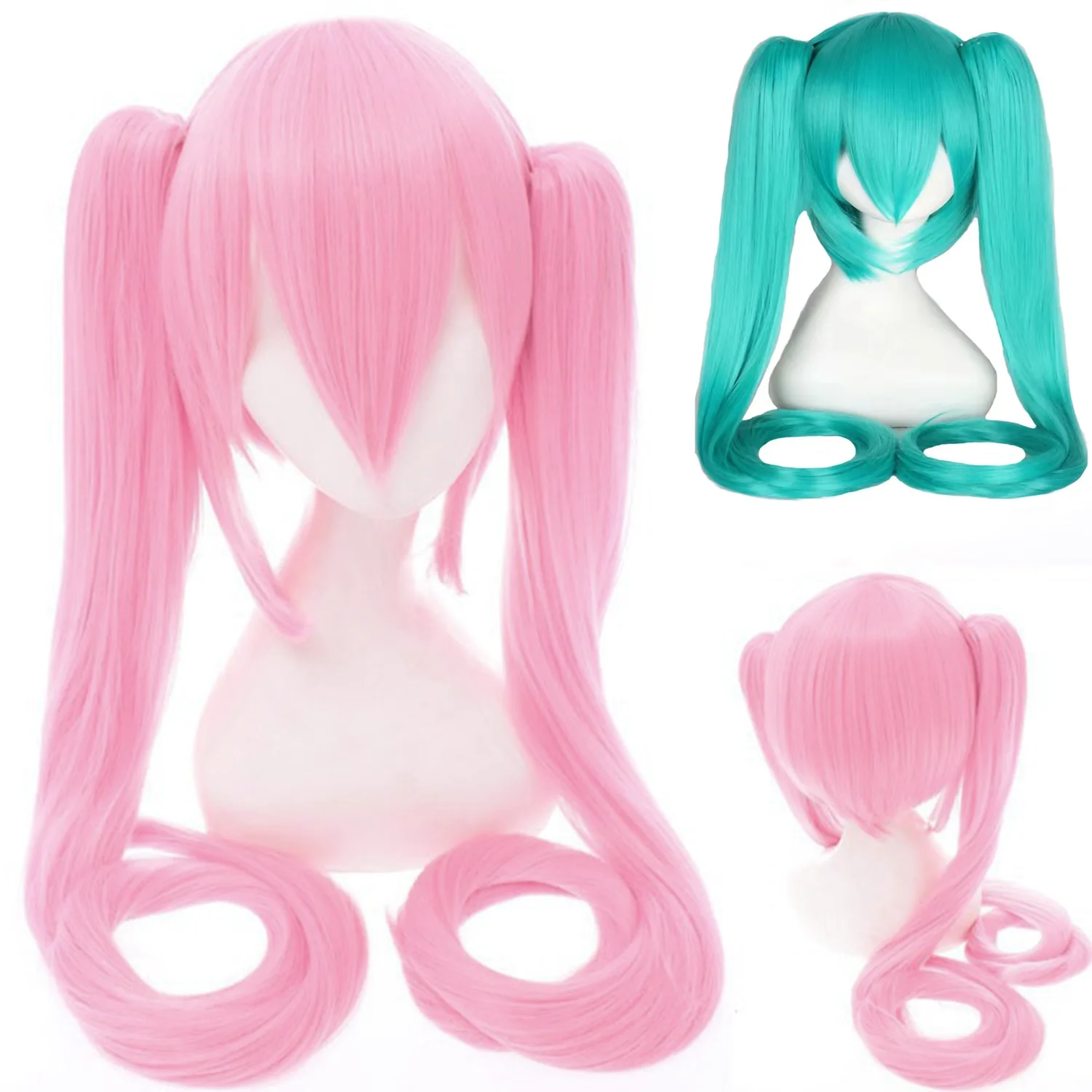 Peluca de pelo sintético largo de Anime para mujer y niña, peluca de Lolita de fiesta rosa con dos clips, Cosplay de Halloween, 110cm