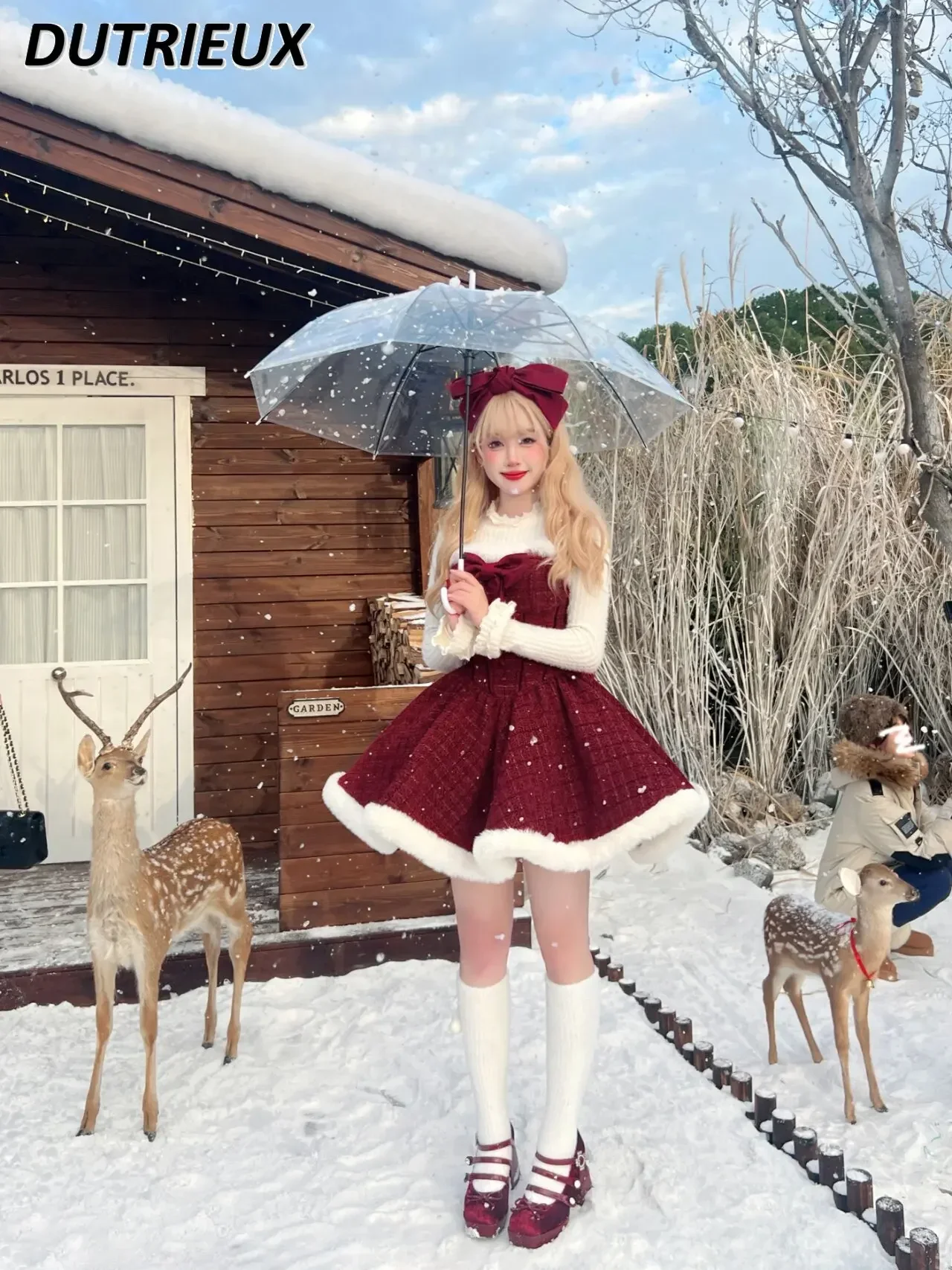 Pure Desire Christmas New Year Sweet Suit Lolita Red Bow Cloak Jacket and Knitted Base Shirt Suspender Short Dress Outfits