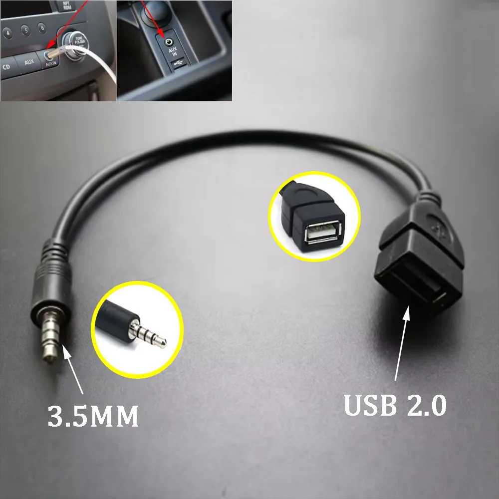 Black Car MP3 Player Converter 3.5 mm Male AUX Audio Jack Plug To USB 2.0 Female Converter Cable Cord Adapte