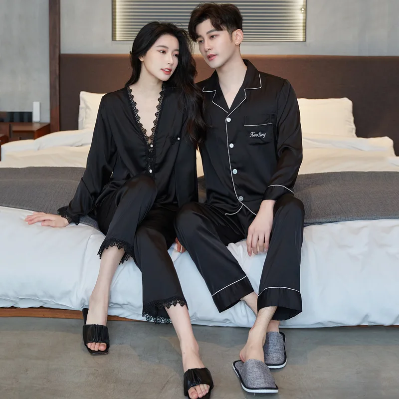 Gray Rayon Couple Pajamas Set Sleepwear Spring Autumn Long Sleeve  Shirt&pant Bridegroom Bride Wedding Gift Casual Home Clothes