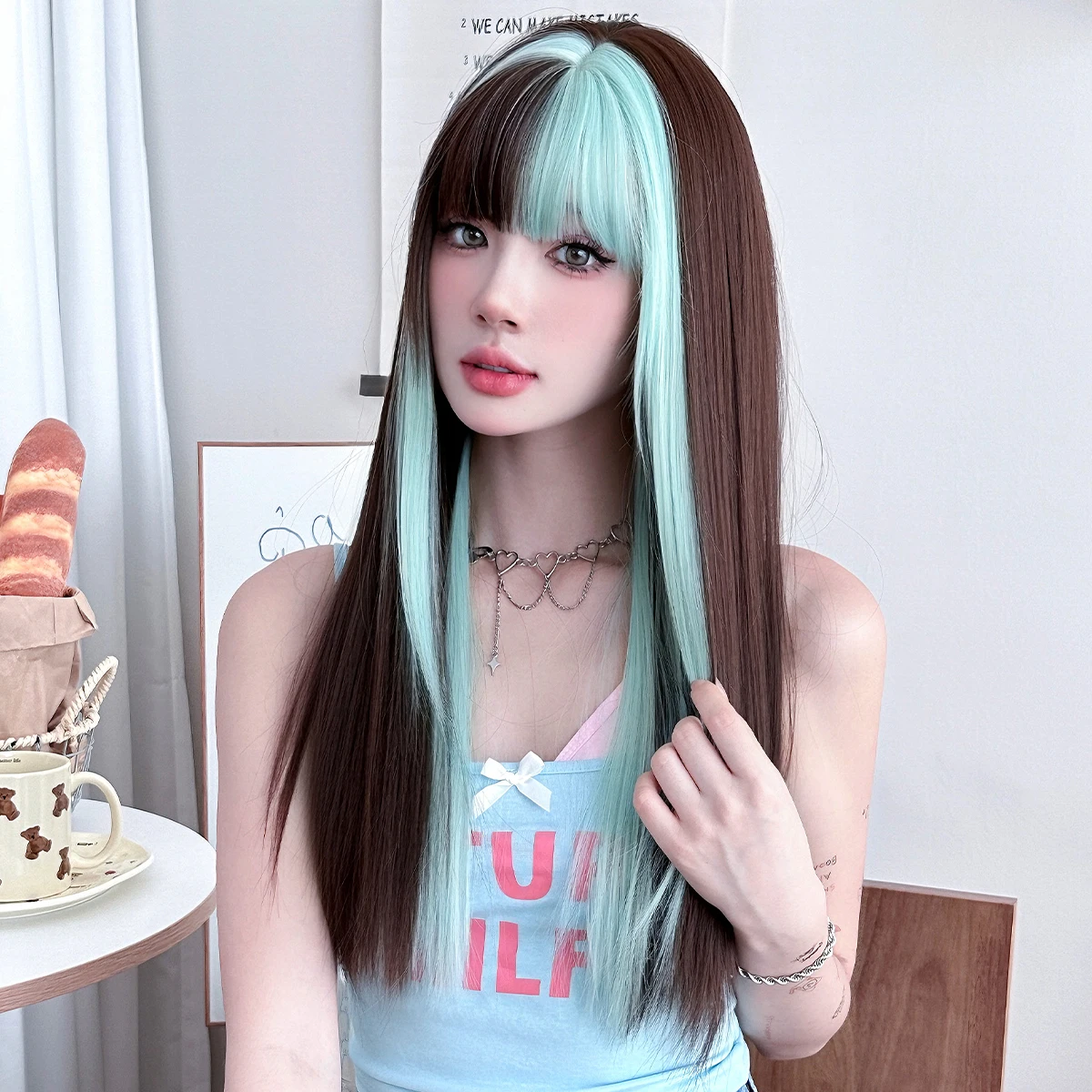 Long Straight Mocha Brown Wig for Women Synthetic Heat-Resistant Modest Fashion Wear and Go ombre Green Wigs with Neat Bangs - view 3