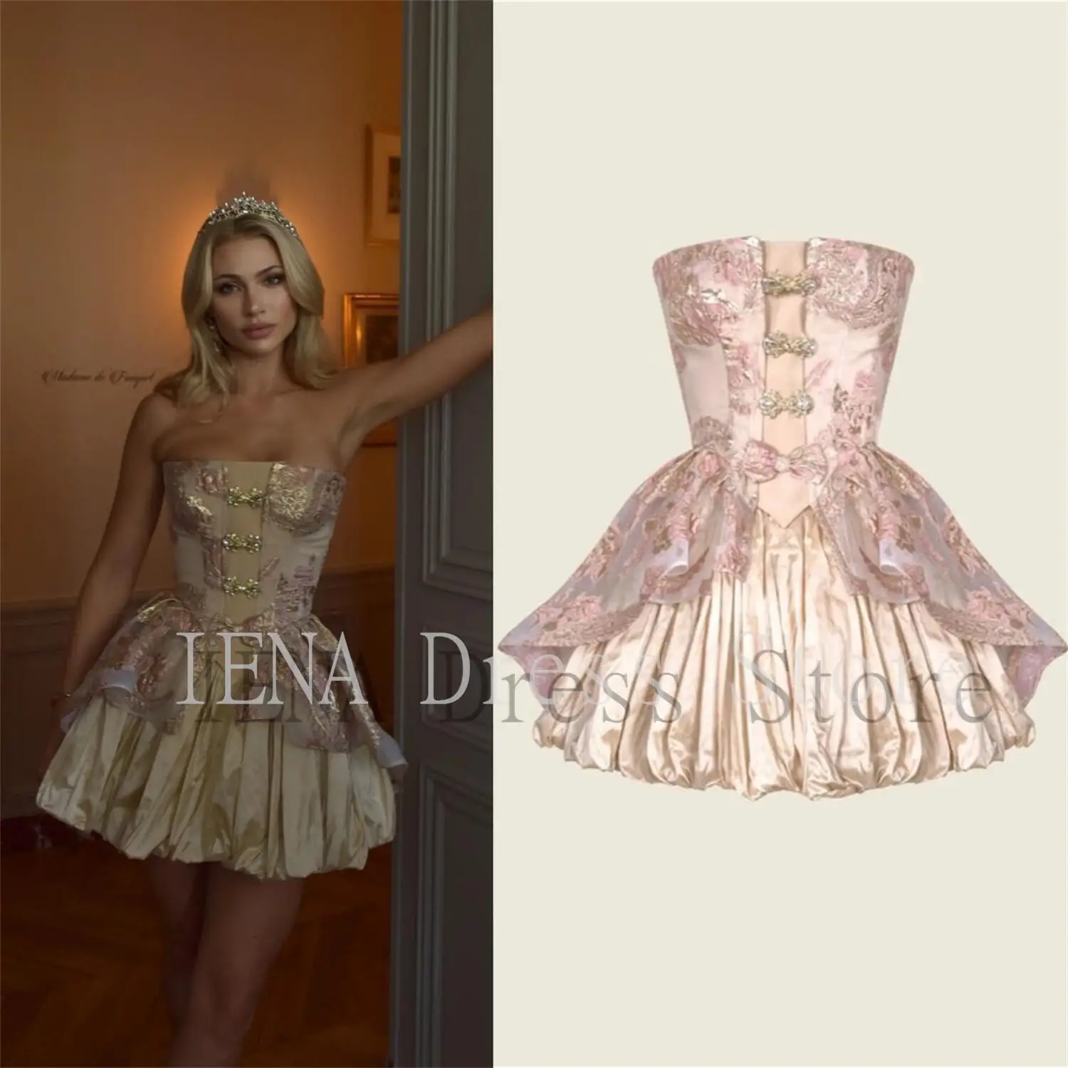 Vestido de festa com luvas longas, Estilo corte gótico, Mini vestido de baile sem alças, espartilho curto dourado, Vestidos Homecoming