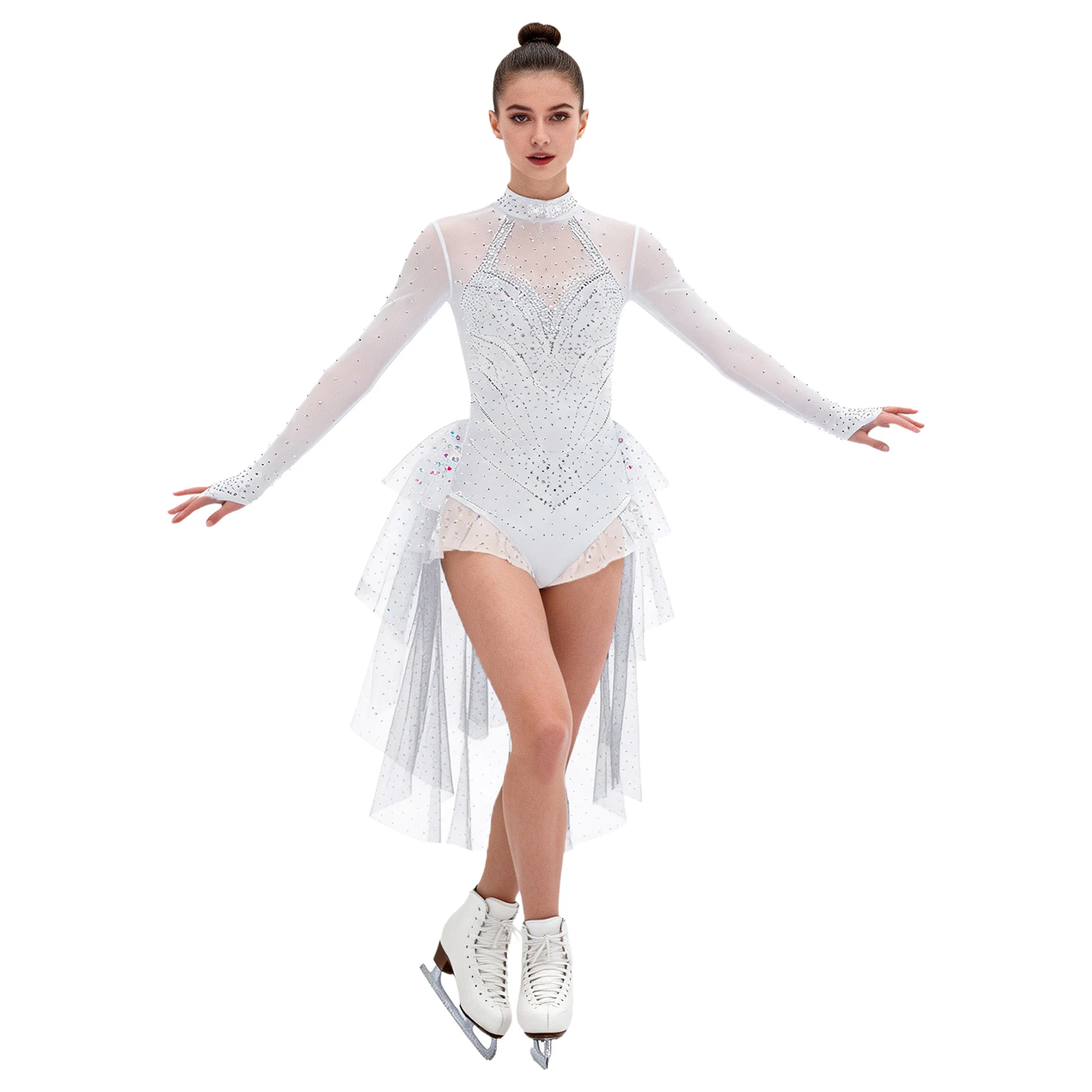 Damen Eiskunstlauf-Bodysuit mit Langen Ärmeln, Strass-Verzierung, Stufenförmigem Rüschen-Tüllrock, Leotard-Jumpsuit für Ballett-Wettbewerbe und Tanzbekleidung – Detail 3