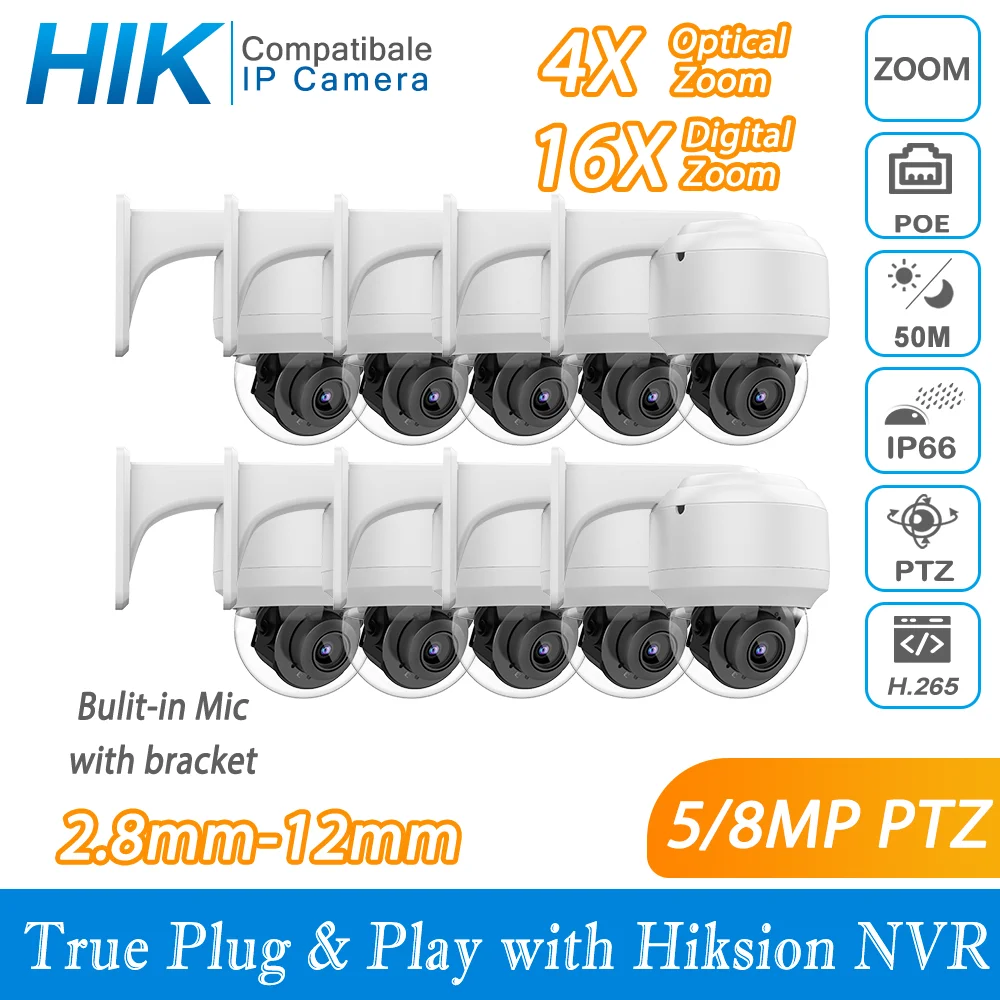 Hikvision Compatible 4K 5MP 8MP IP Camera 4X Zoom H.265 POE Built-in Mic With Bracket CCTV Outdoor Video Camera Mini  PTZ 10PCS