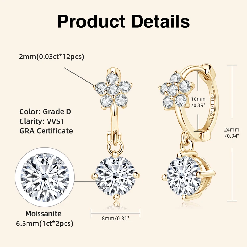 Ehhai GRA معتمد مويسانيتي مستدير هوب أقراط للنساء S925 فضة زهرة استرخى القرط مجوهرات هدية Pendientes