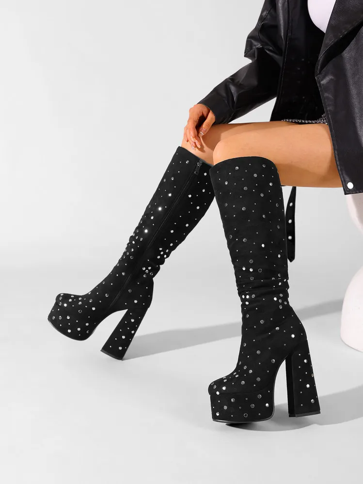 Women's Shoes and Women's Boots 15cm Heel 2026 New Comfortable Mid Boots Nightclub Queen Style Black Rivet Platform Boots