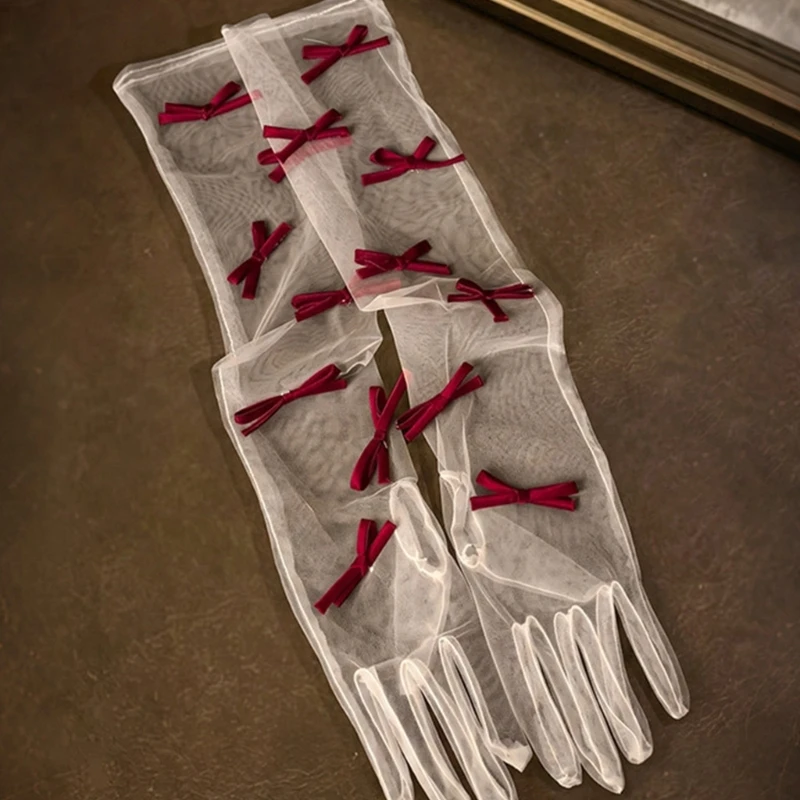 39BD Elegant Long Sheer Bride Gloves with Wine Red Bowtie Decors for Wedding Ceremony