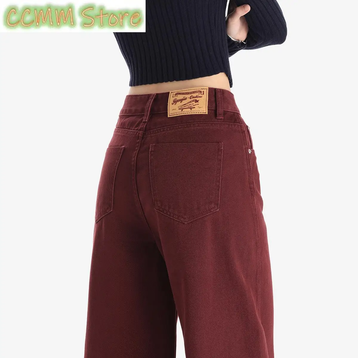 جينز نسائي واسع الساق فضفاض ممتد الطول عالي الخصر جينز مستقيم ملابس الشارع الشهير جينز نسائي أحمر أزرق ربيع الخريف