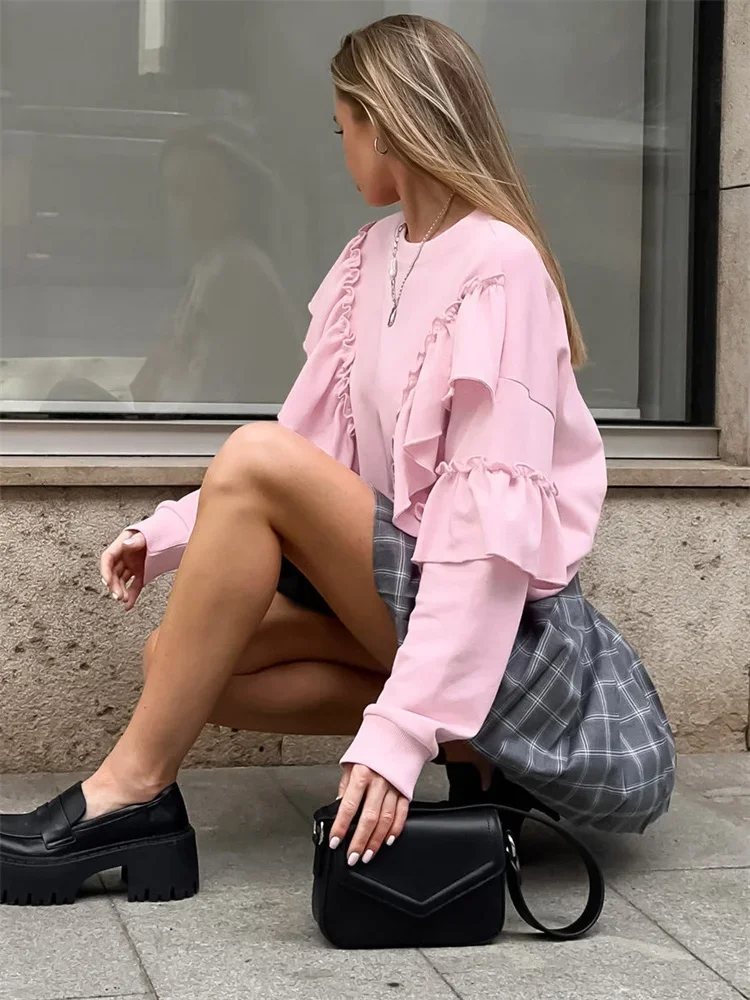 2025 Autumn Knit Ruffled Pullover Women's Patchwork Fashion Loose Solid High Waist Knitwear Sweatshirts Female Elegant Hoodies