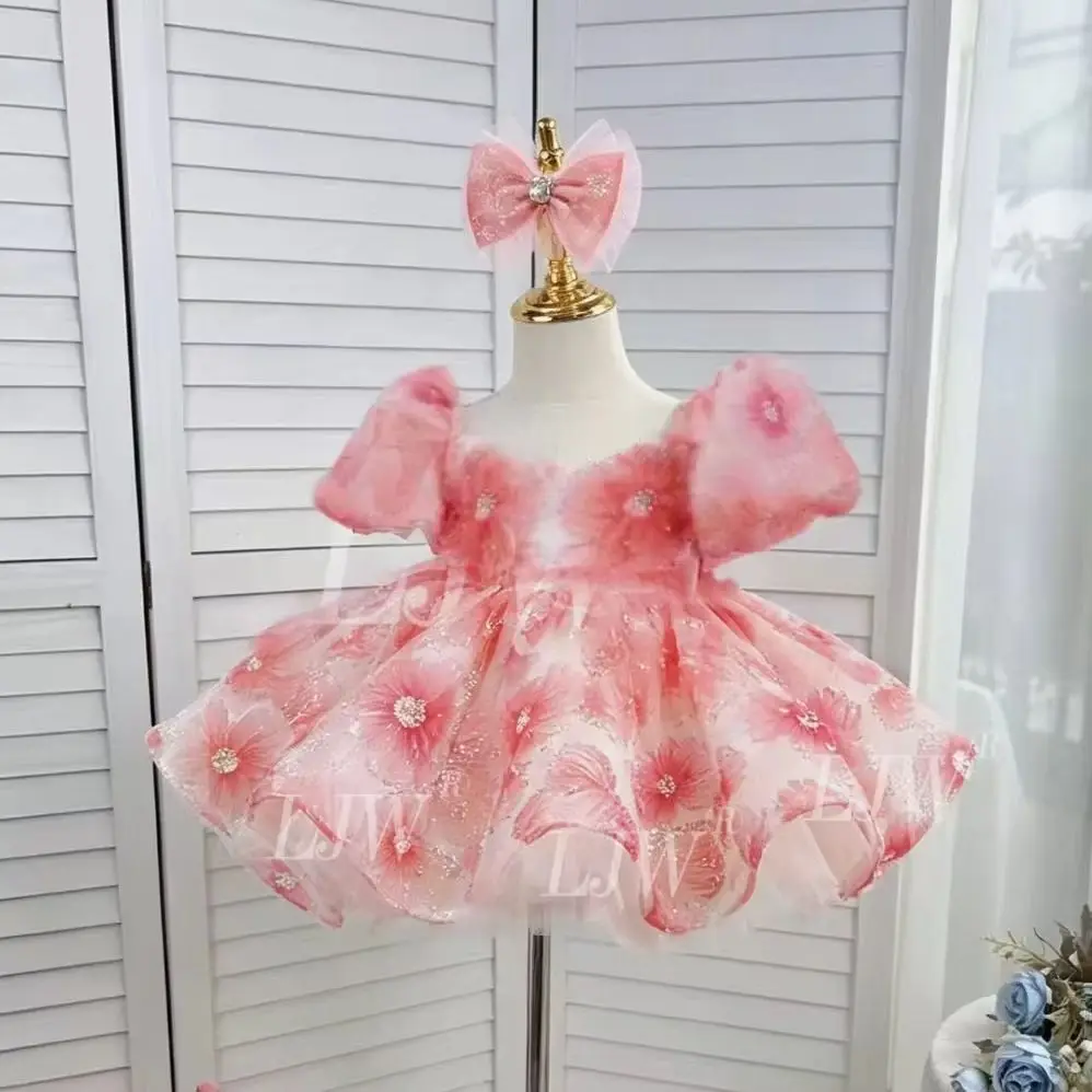 Baby Girl Pink Floral Puff Sleeve Dress Kids Outfit Birthday Wedding Photoshoot Stage Performance Ceremony Party  hot pink pagea